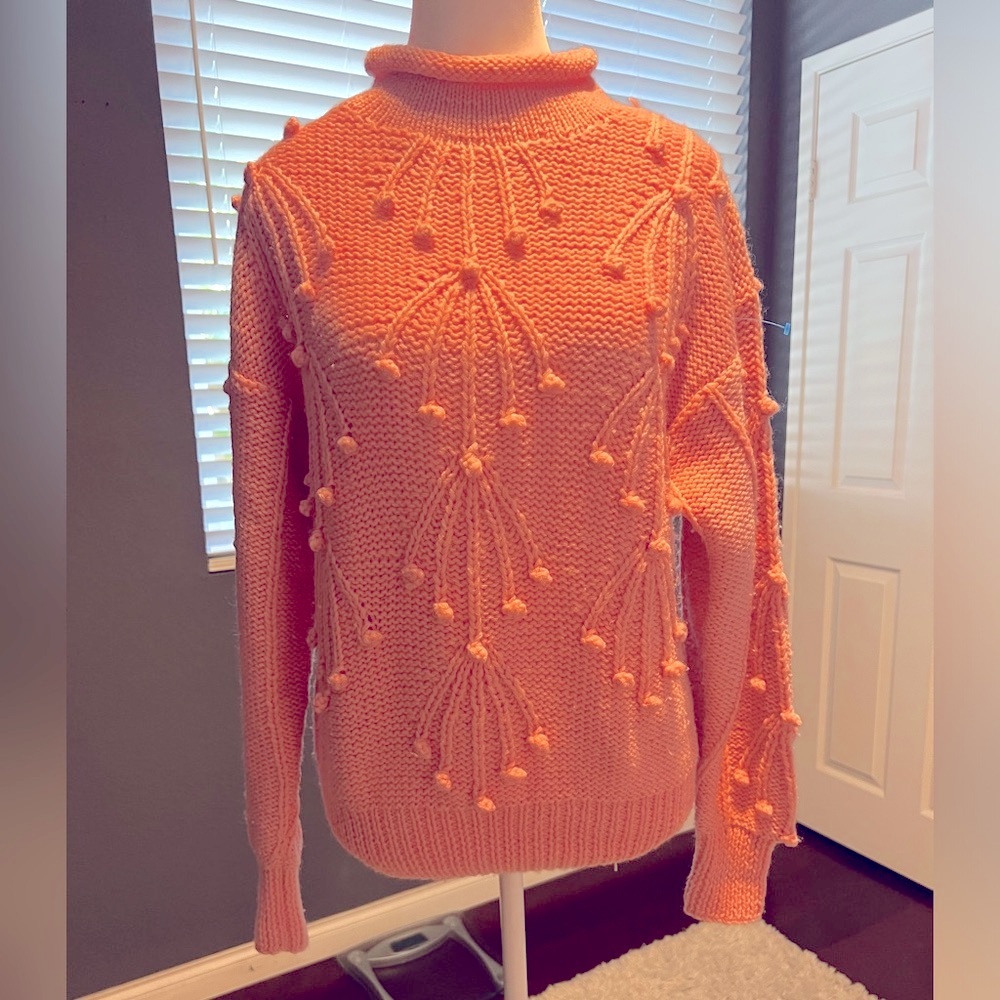 Obermeyer coral 100% wool pullover cardigan with pom poms. In EUC. Size S